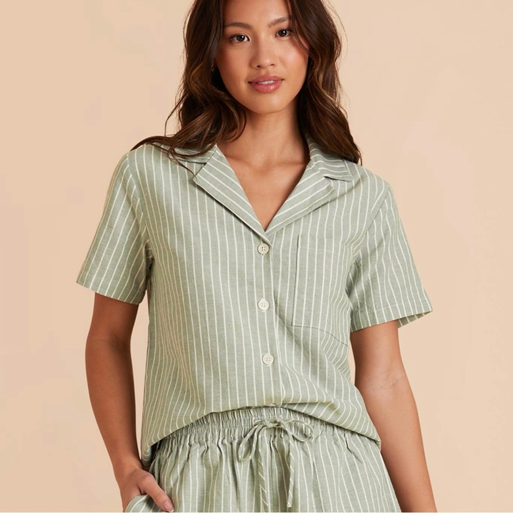 Birdy Grey Atticus Cotton Linen Blend Pajama Button Up Sage Top Sz M